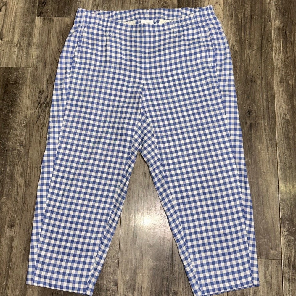 NWOT J Jill‎ Blue White Gingham Linen Stretch Petite XL Pants Checkered Trousers